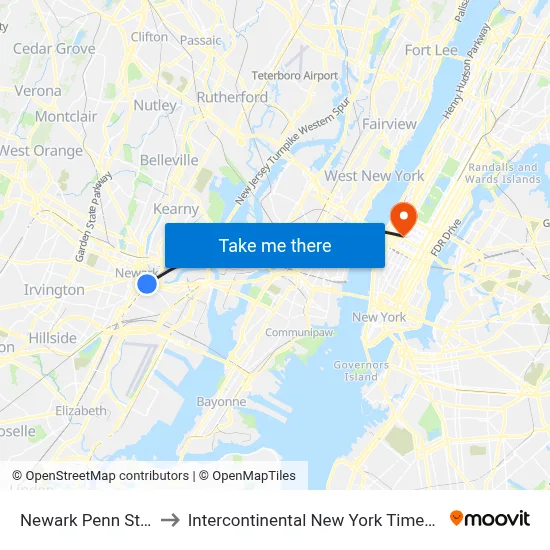 Newark Penn Station to Intercontinental New York Times Square map