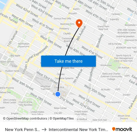 New York Penn Station to Intercontinental New York Times Square map