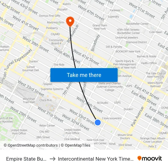 Empire State Building to Intercontinental New York Times Square map