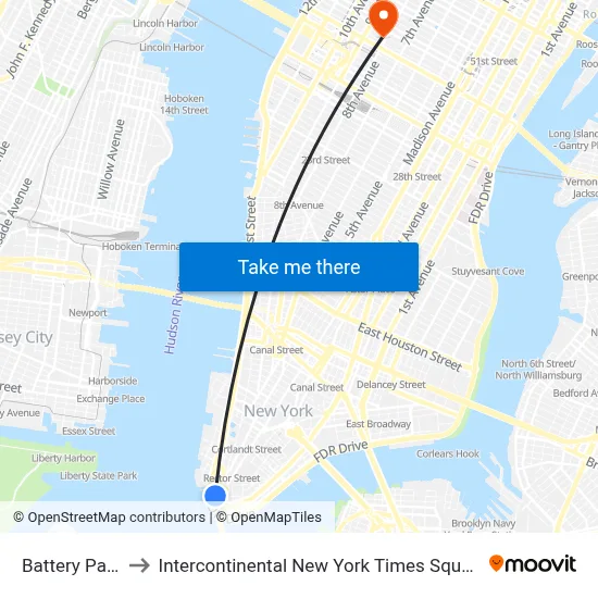 Battery Park to Intercontinental New York Times Square map