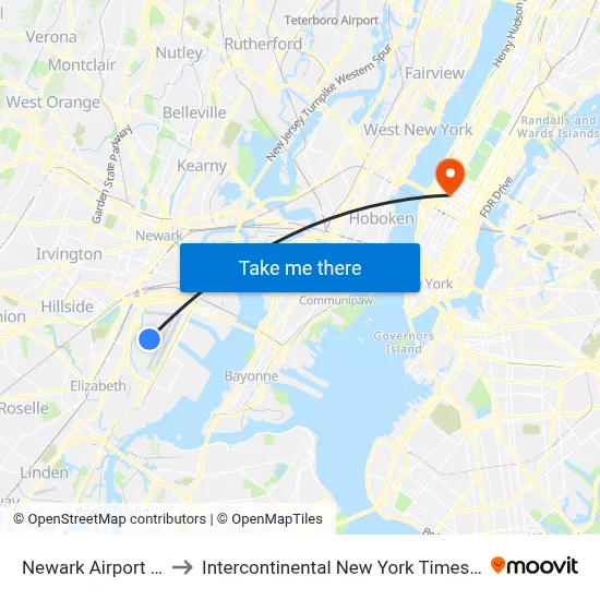 Newark Airport EWR to Intercontinental New York Times Square map