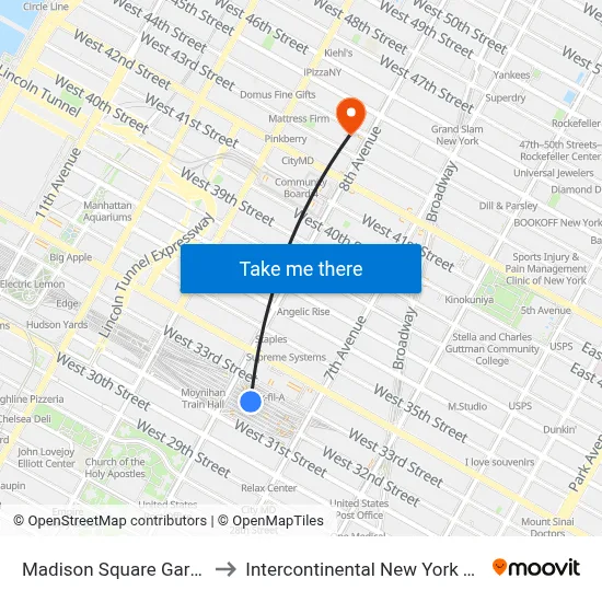 Madison Square Garden Center to Intercontinental New York Times Square map