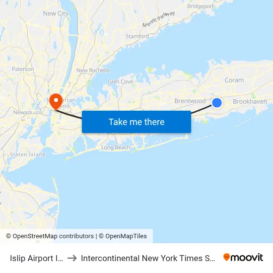 Islip Airport ISP to Intercontinental New York Times Square map