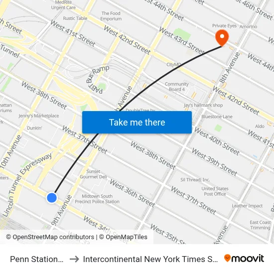 Penn Station NY to Intercontinental New York Times Square map