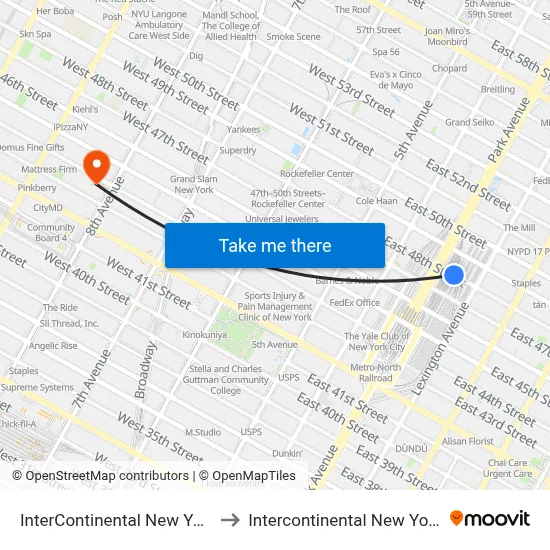 InterContinental New York Barclay Hotel to Intercontinental New York Times Square map