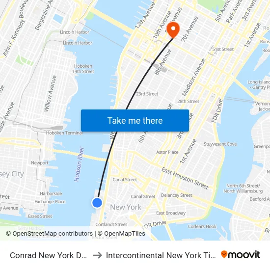 Conrad New York Downtown to Intercontinental New York Times Square map