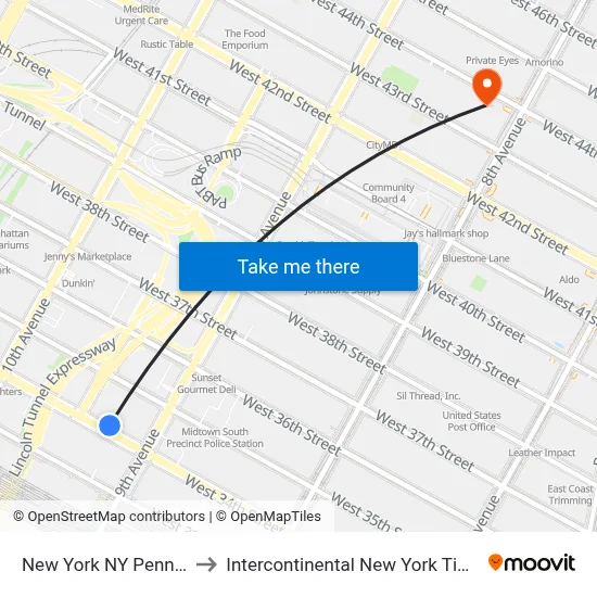 New York NY Penn Station to Intercontinental New York Times Square map