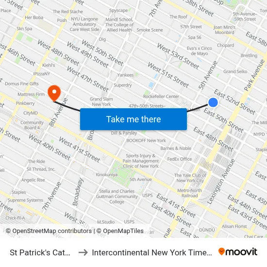 St Patrick's Cathedral to Intercontinental New York Times Square map