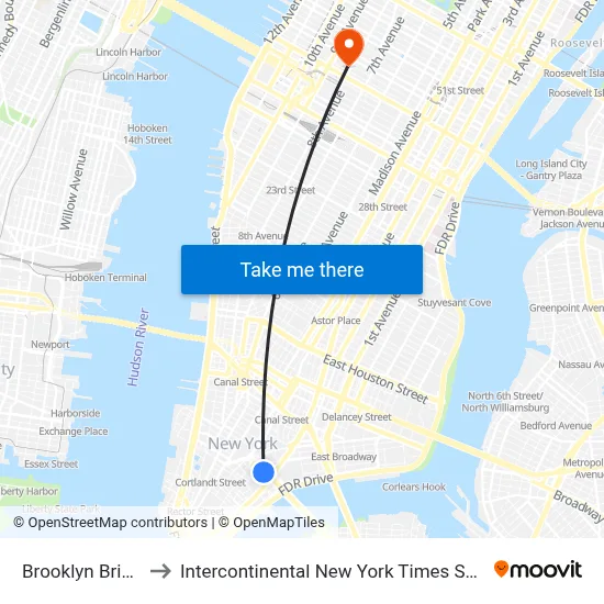 Brooklyn Bridge to Intercontinental New York Times Square map