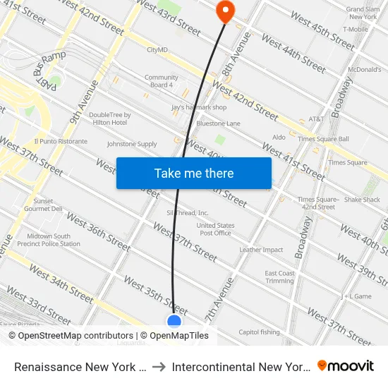 Renaissance New York Midtown Hotel to Intercontinental New York Times Square map