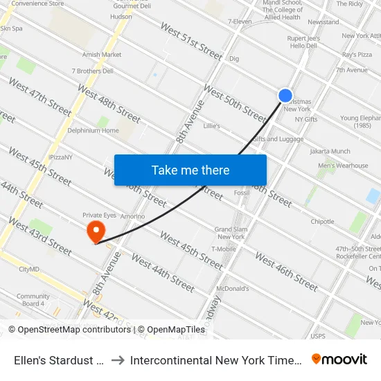 Ellen's Stardust Diner to Intercontinental New York Times Square map