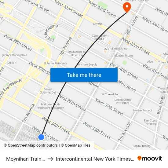 Moynihan Train Hall to Intercontinental New York Times Square map