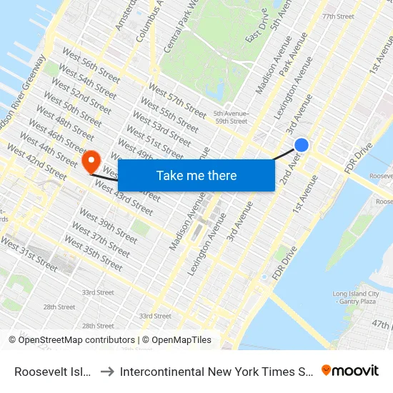 Roosevelt Island to Intercontinental New York Times Square map
