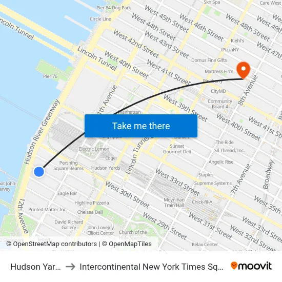Hudson Yards to Intercontinental New York Times Square map