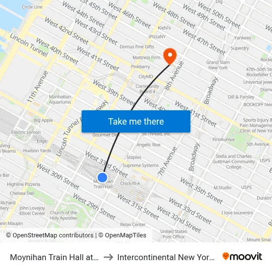 Moynihan Train Hall at Penn Station to Intercontinental New York Times Square map