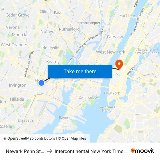 Newark Penn Station to Intercontinental New York Times Square map