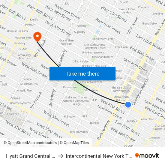 Hyatt Grand Central New York to Intercontinental New York Times Square map