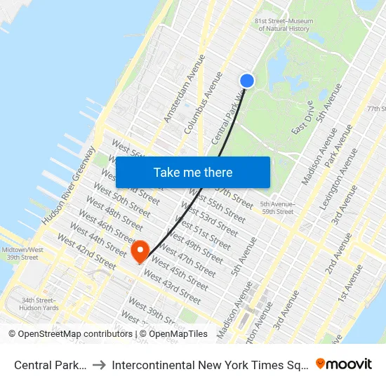 Central Park W to Intercontinental New York Times Square map