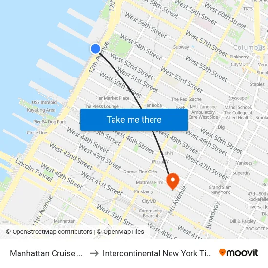Manhattan Cruise Terminal to Intercontinental New York Times Square map