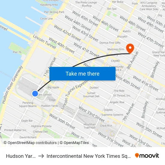 Hudson Yards to Intercontinental New York Times Square map