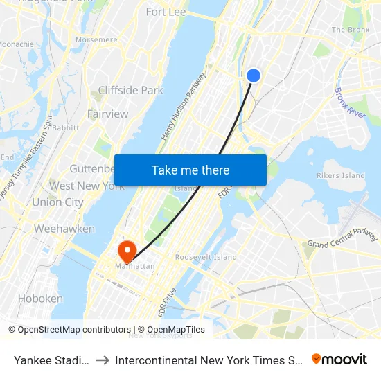 Yankee Stadium to Intercontinental New York Times Square map
