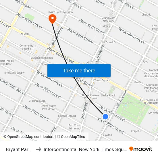 Bryant Park 7 to Intercontinental New York Times Square map
