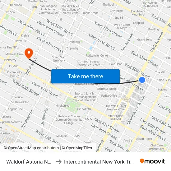 Waldorf Astoria New York to Intercontinental New York Times Square map