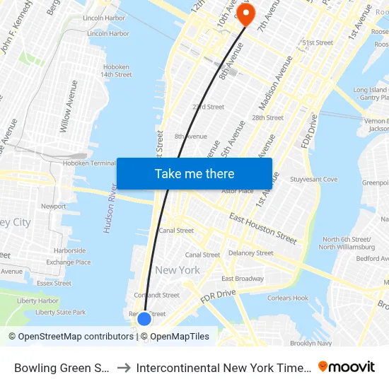 Bowling Green Station to Intercontinental New York Times Square map