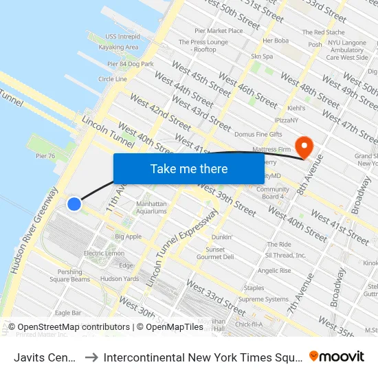 Javits Center to Intercontinental New York Times Square map