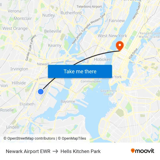 Newark Airport EWR to Hells Kitchen Park map
