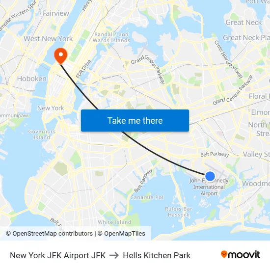 New York JFK Airport JFK to Hells Kitchen Park map