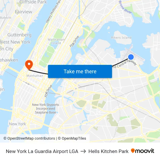 New York La Guardia Airport LGA to Hells Kitchen Park map