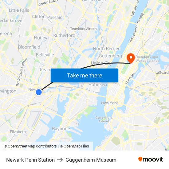 Newark Penn Station to Guggenheim Museum map