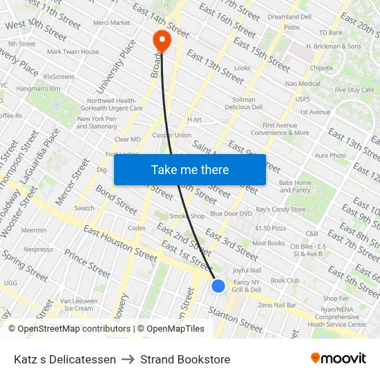 Katz s Delicatessen to Strand Bookstore map
