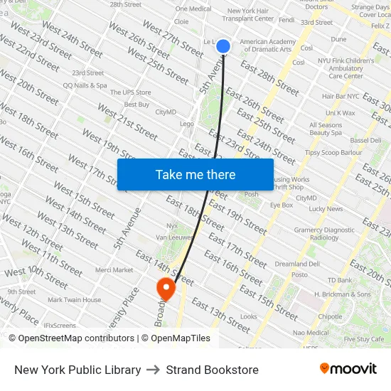 New York Public Library to Strand Bookstore map