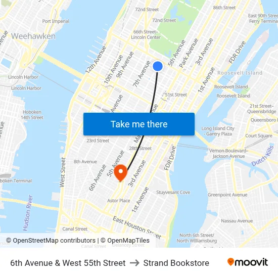 6th Avenue & West 55th Street to Strand Bookstore map