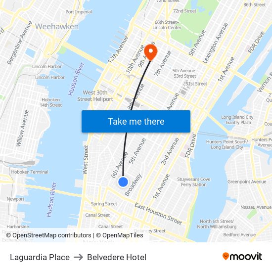 Laguardia Place to Belvedere Hotel map