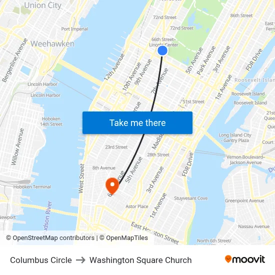 Columbus Circle to Washington Square Church map