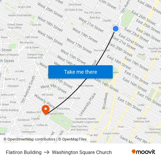 Flatiron Building to Washington Square Church map