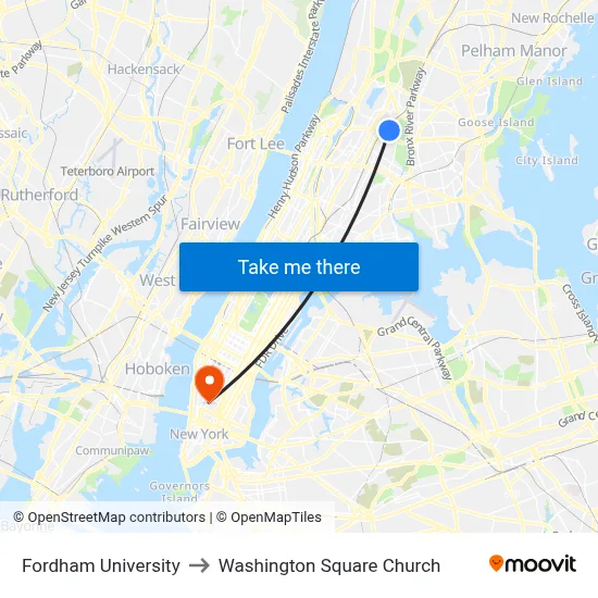 Fordham University to Washington Square Church map