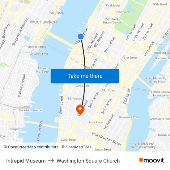 Intrepid Museum to Washington Square Church map