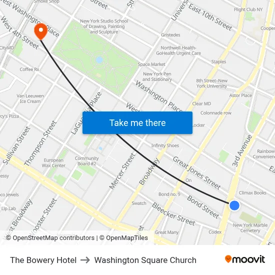 The Bowery Hotel to Washington Square Church map