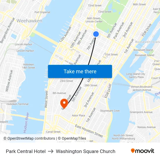 Park Central Hotel to Washington Square Church map
