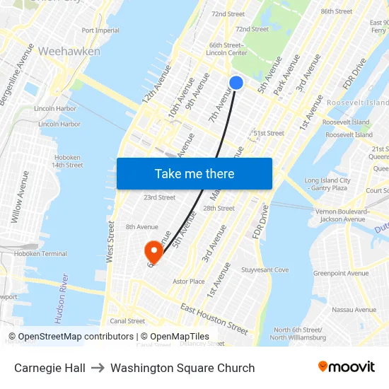Carnegie Hall to Washington Square Church map