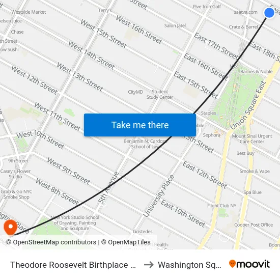 Theodore Roosevelt Birthplace National Historic Site to Washington Square Church map