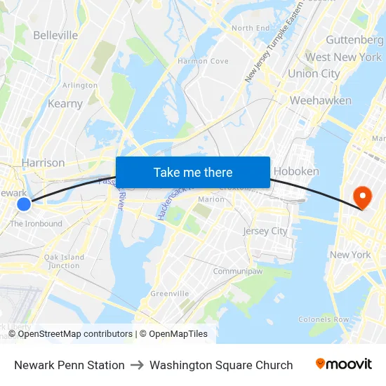 Newark Penn Station to Washington Square Church map
