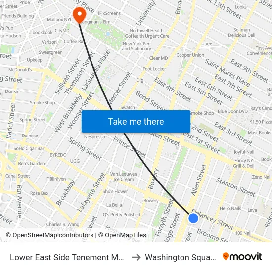 Lower East Side Tenement Museum Offices to Washington Square Church map
