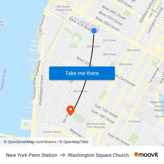 New York Penn Station to Washington Square Church map