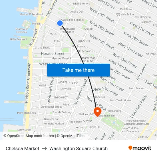 Chelsea Market to Washington Square Church map