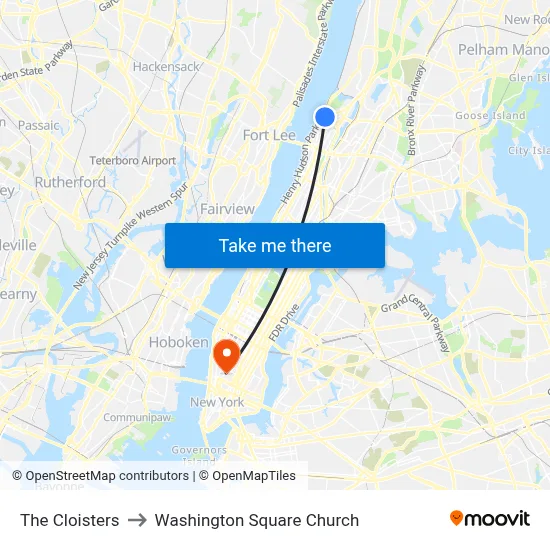 The Cloisters to Washington Square Church map